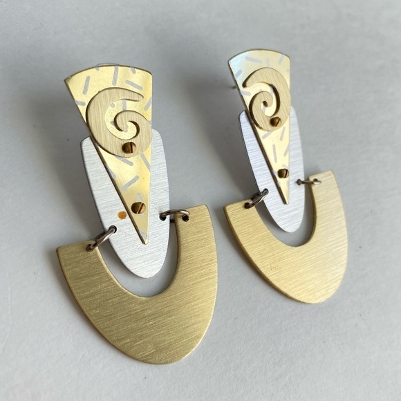 Vintage 90s Y2K Earrings Two Tone Gold Silver Metallic Statement Jewelry - Picture 3 of 8